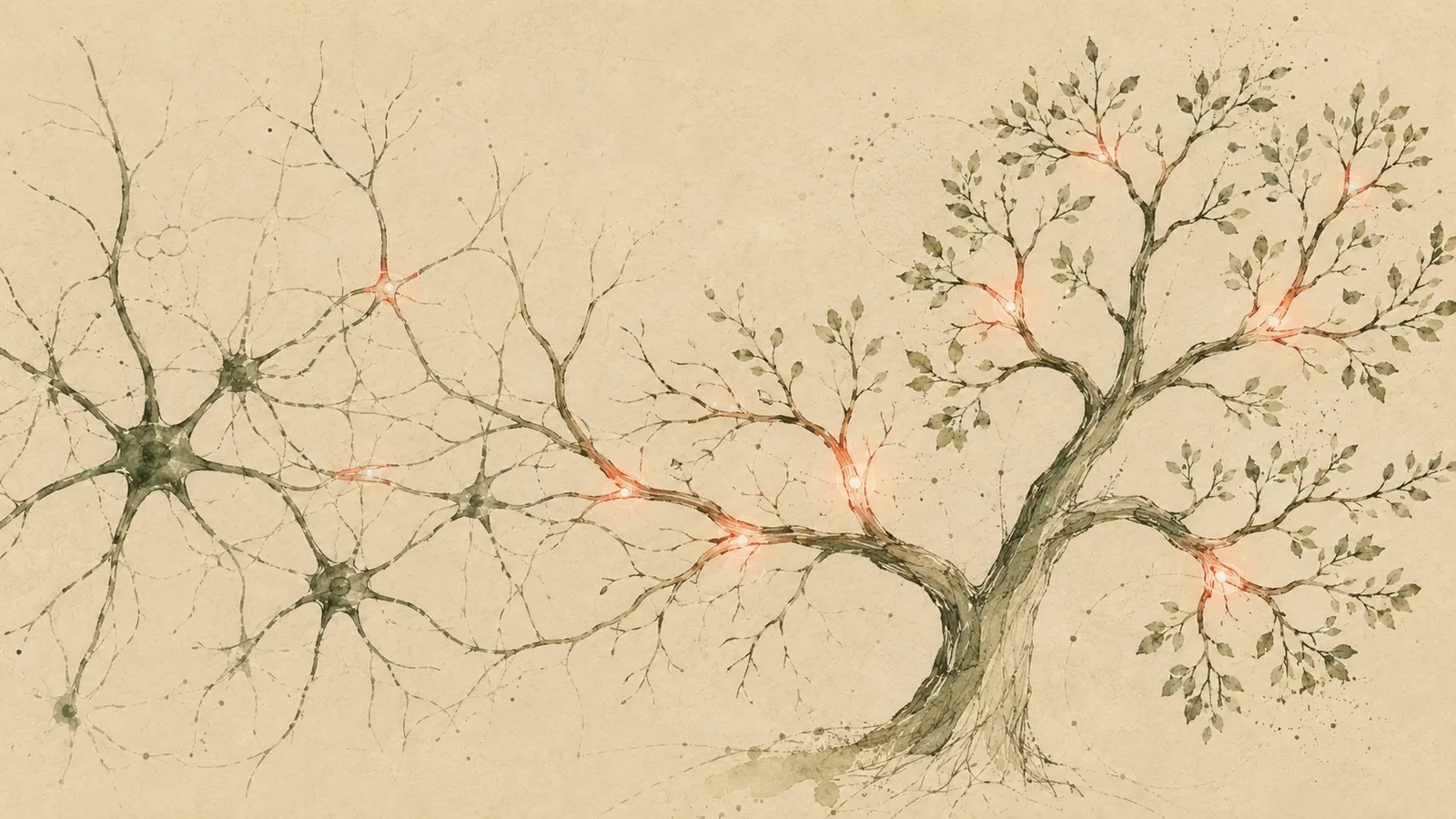 Illustration of a neural network transforming into a branching tree structure: new connections are forming