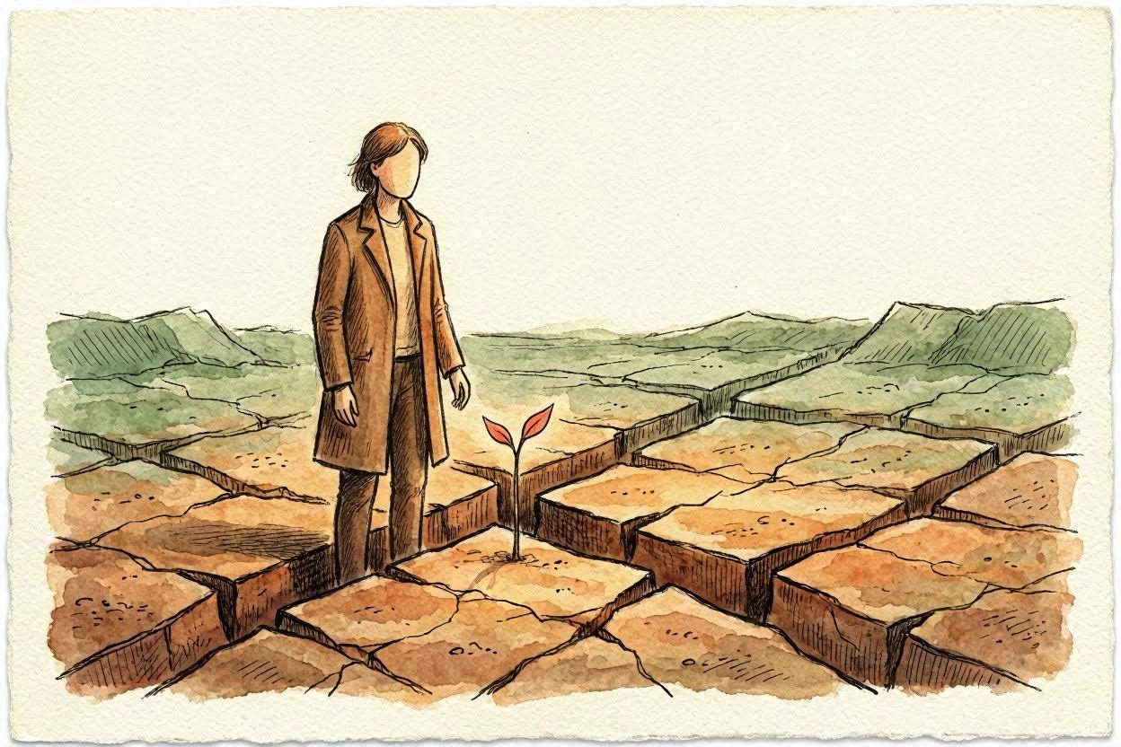 Illustration of a person standing in a fracture: a plant growing