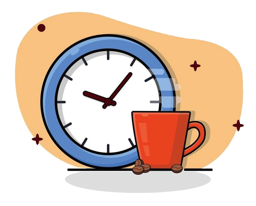 Illustratie koffie en een klok — om te zorgen dat cortisol niet piekt op basis van caffeine