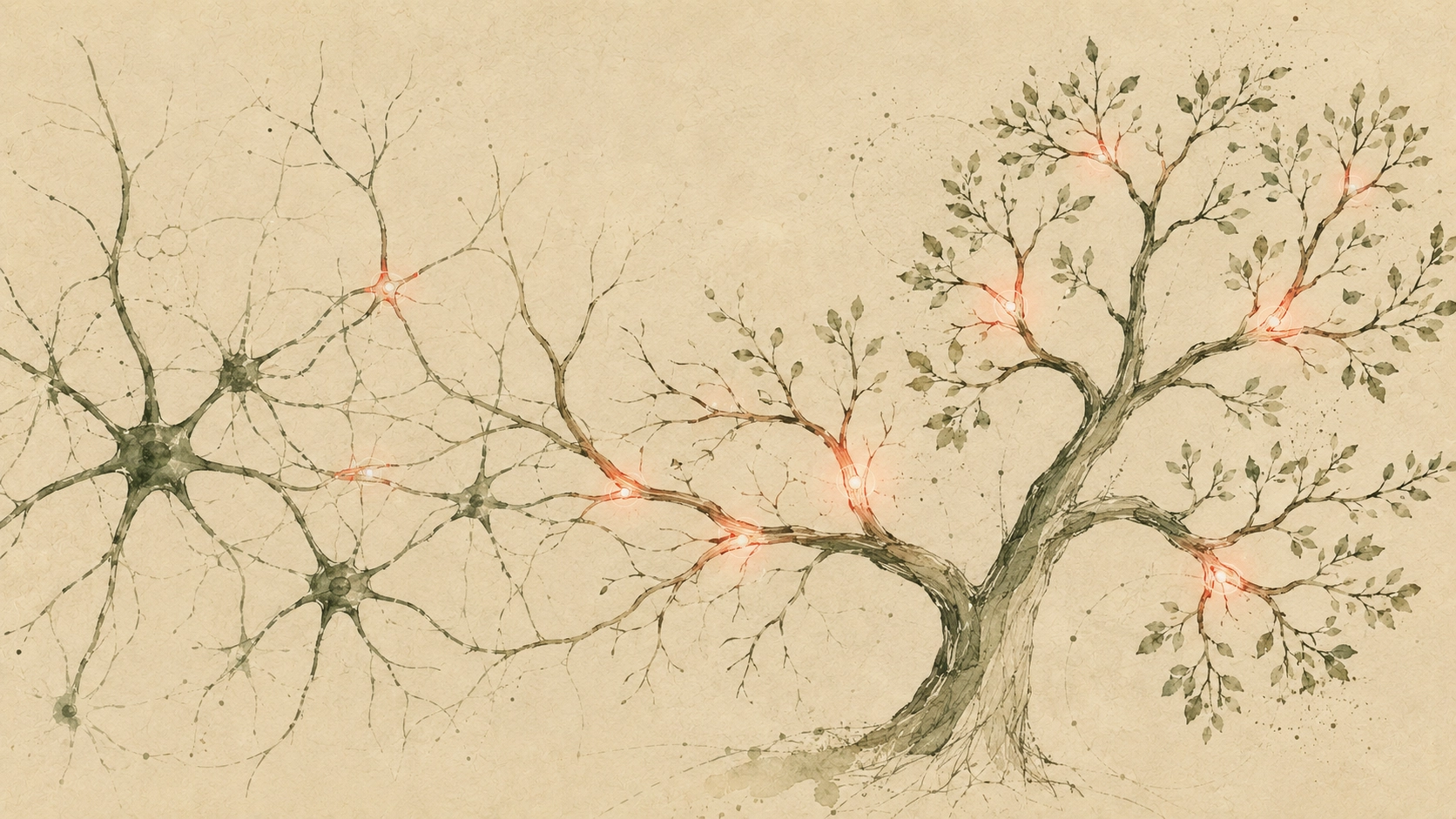 Illustration of a neural network transforming into a branching tree structure: new connections are forming