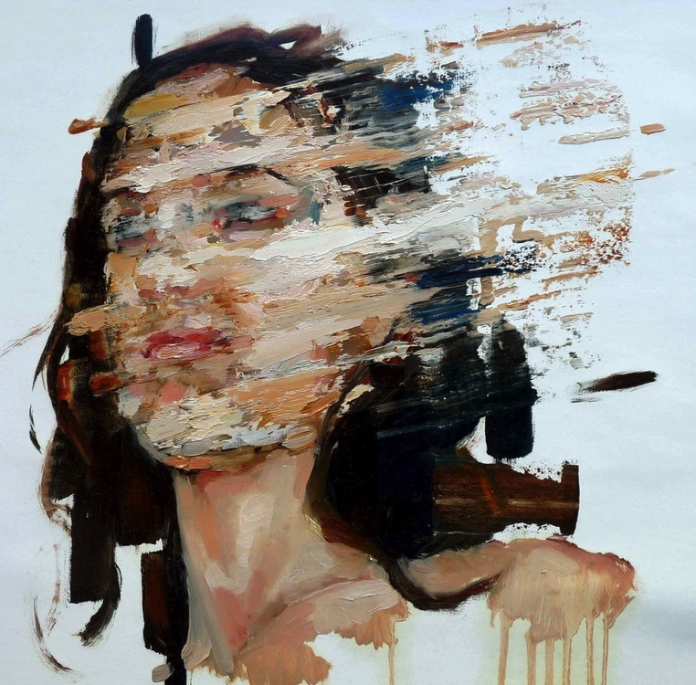 Olieverfportret van een gezicht dat aan de rechterzijde uiteenvalt in losse verfvegen — symbool voor de innerlijke fragmentatie die schaamte versterkt