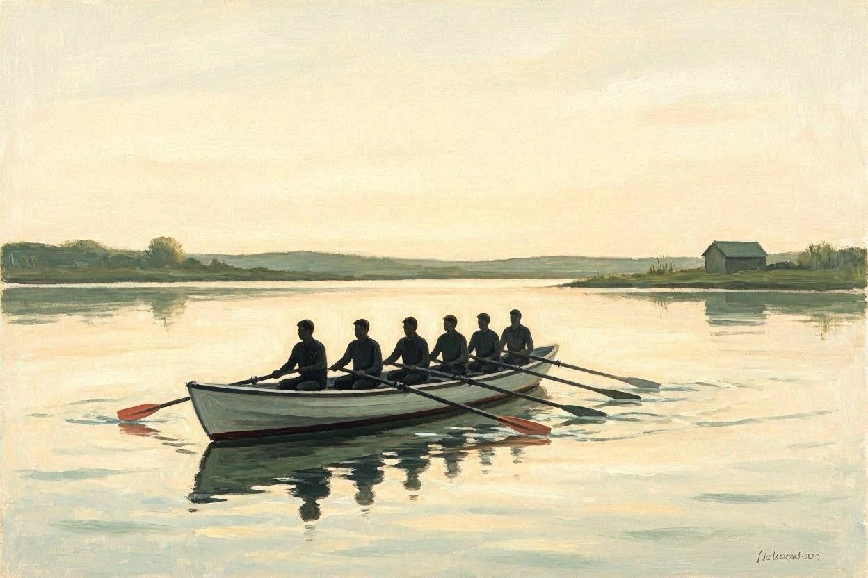 Illustration of a traditional rowing session — symbolizing shared rhythm and cadence